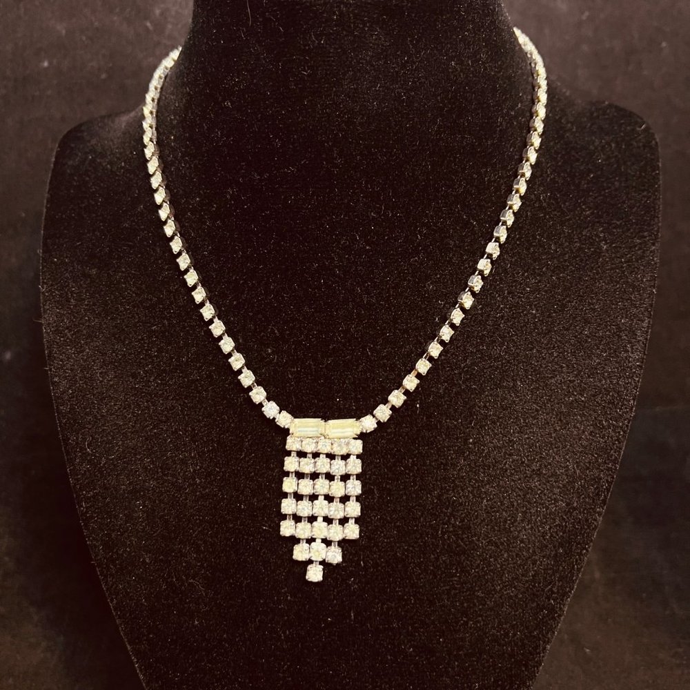 Vintage Silver Tone With Clear Rhinestones Choker Necklace 16" (3838)